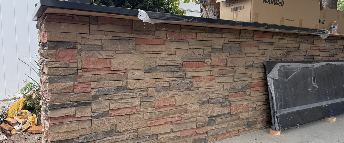 WallWell 620 faux stone wall panels installed on a covered patio bar counter