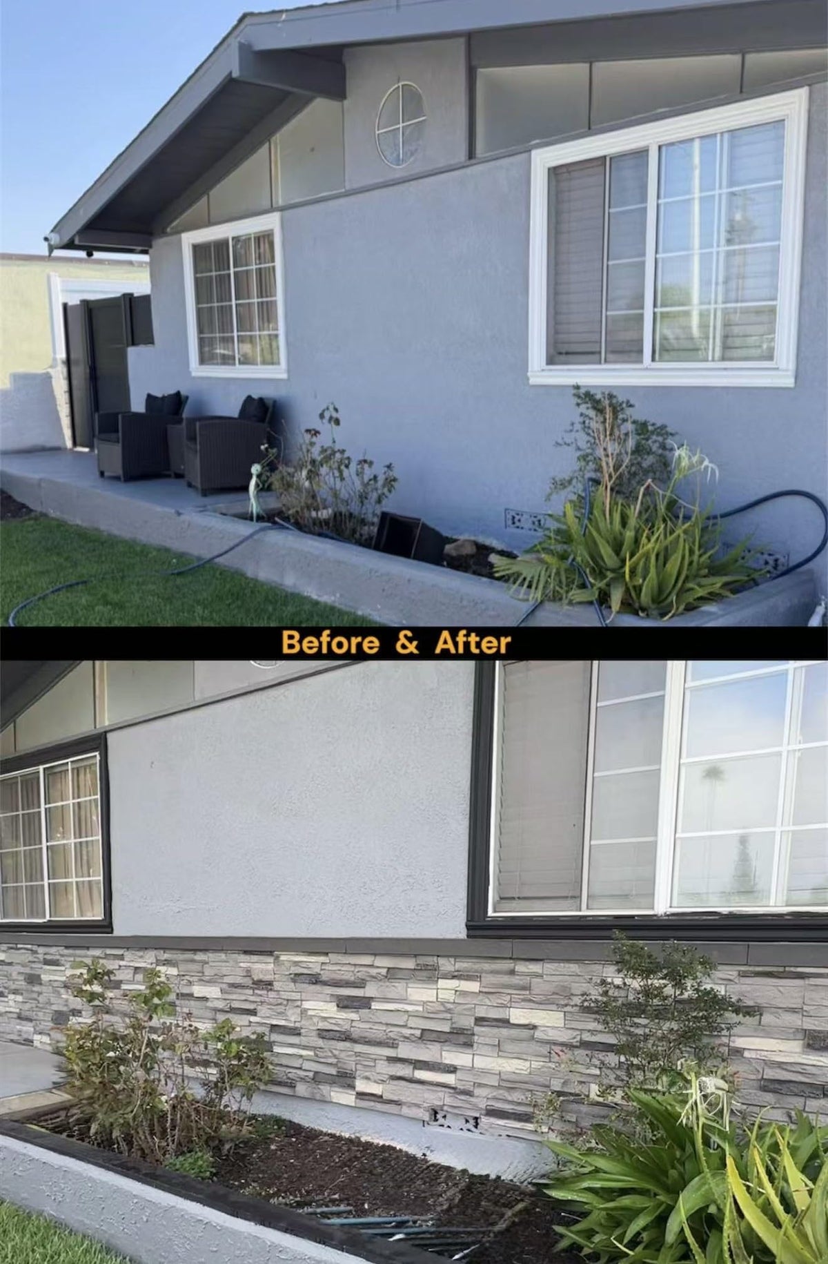 WallWell FogStone faux stone sample piece compared to full wall panel