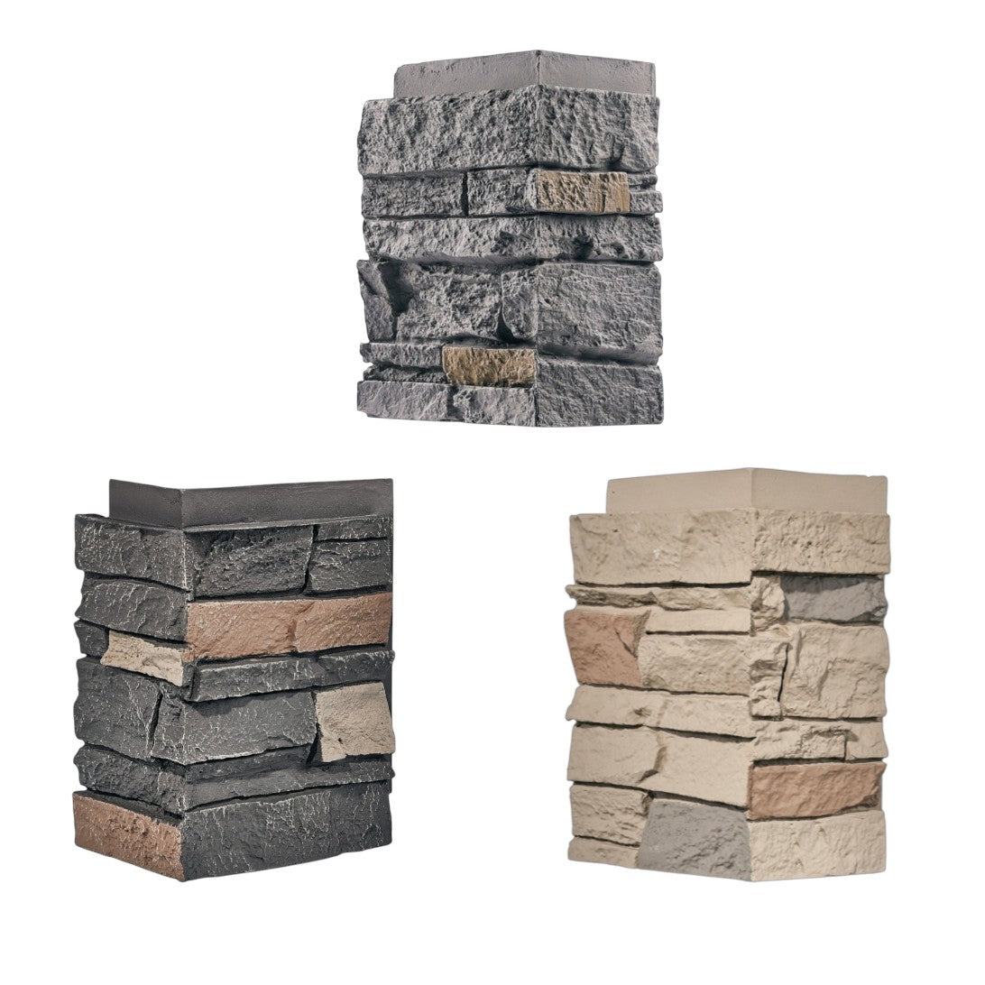 WallWell faux stone outside corner pair — clearance colors Cedar Gray, Iron Gray, and Desert Yellow