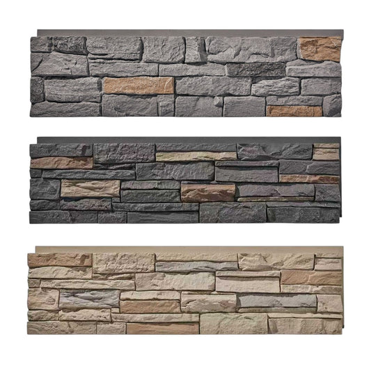 WallWell faux stone wall panels — clearance colors Cedar Gray, Iron Gray, and Desert Yellow